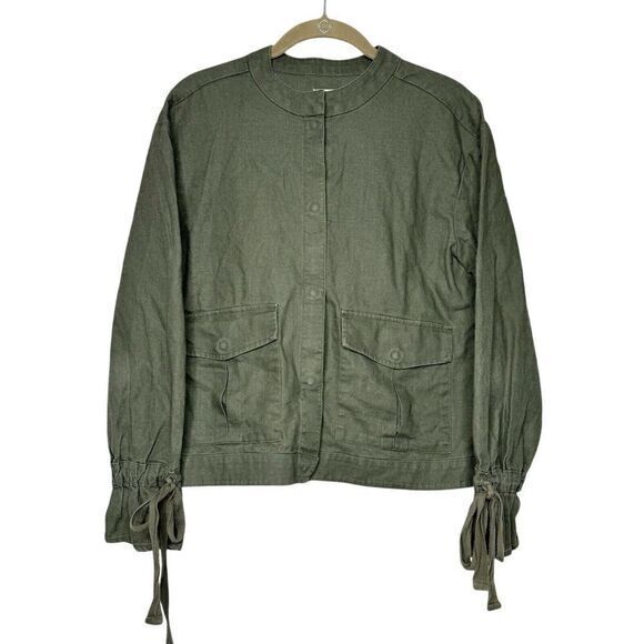 Caslon Utility Jacket sz S Olive Green Linen Tie Sleeve Pockets Lightweight Snap - Picture 1 of 6
